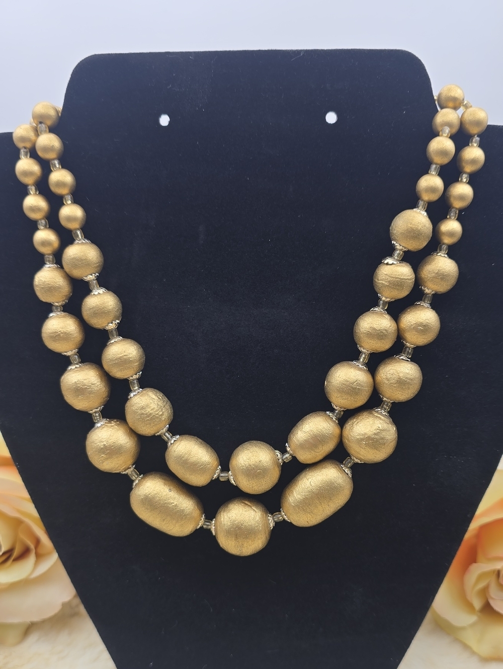 Vintage Japan Gold Multi Strand Textured Bead Statement Necklace Mid Century MCM
